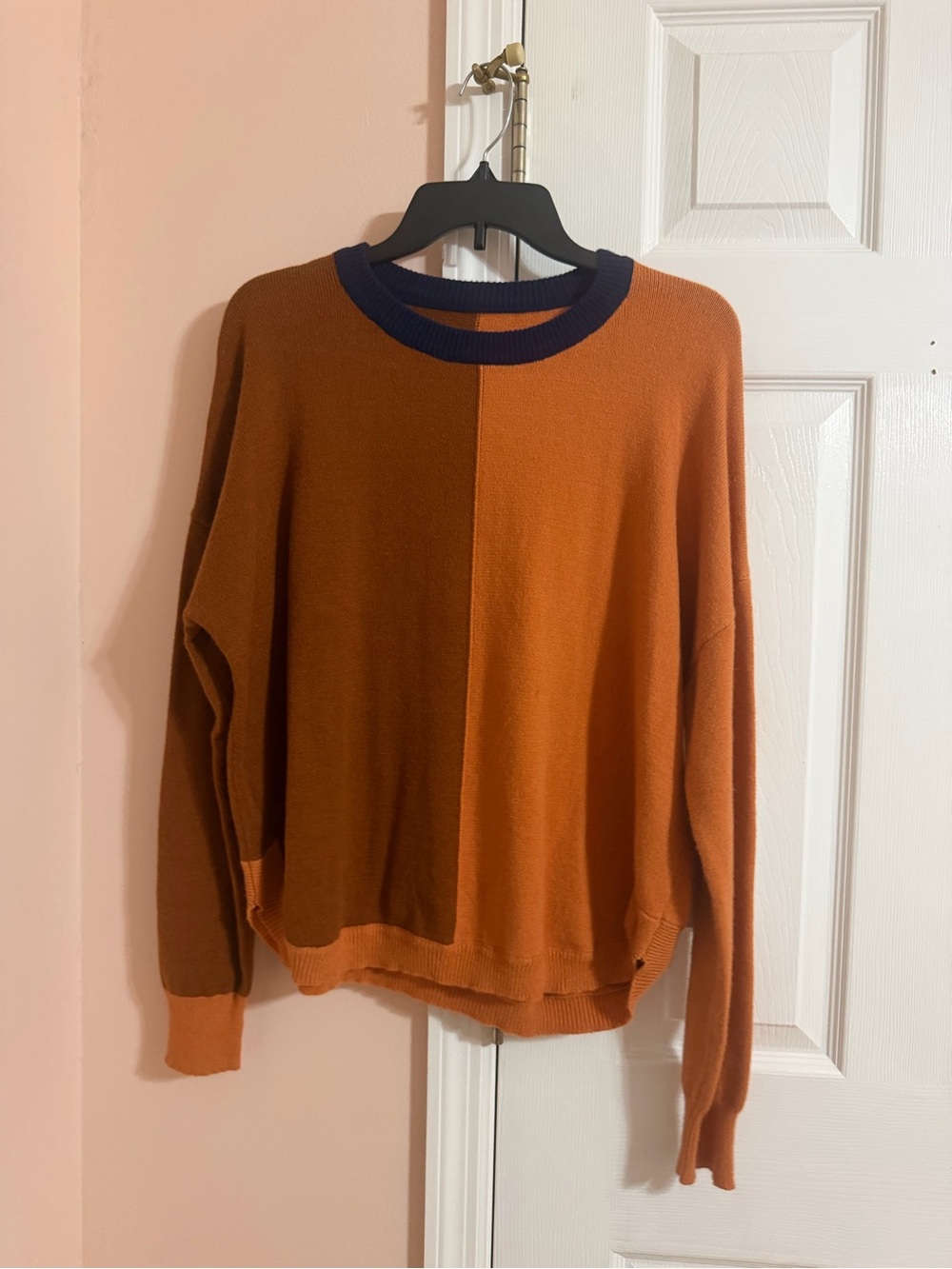 Colorblock Crewneck Sweater in Rust with Navy Trim